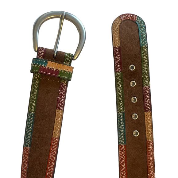 Brown Genuine Suede Leather Belt with Multcolor Trim Womens Small Wide Boho - Picture 3 of 9
